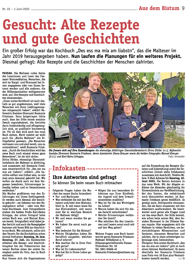 Beitrag Bistumsblatt Malteser Kochbuch
